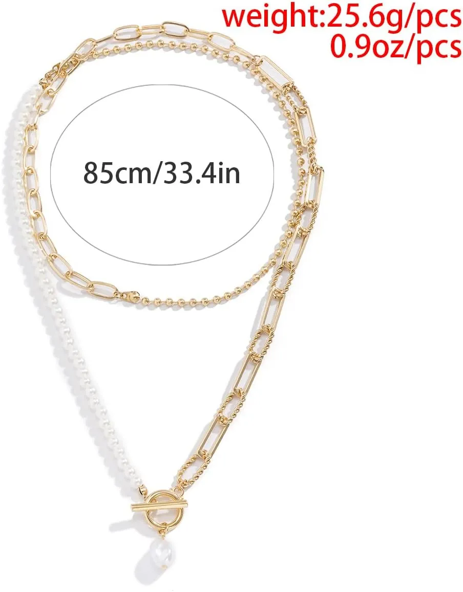 Bethynas Dainty Gold Layered Baroque Pearl OT Clasp Necklace Stacking Beaded Ball Chain Paperclip Pearl Chain Retro Necklace for Women