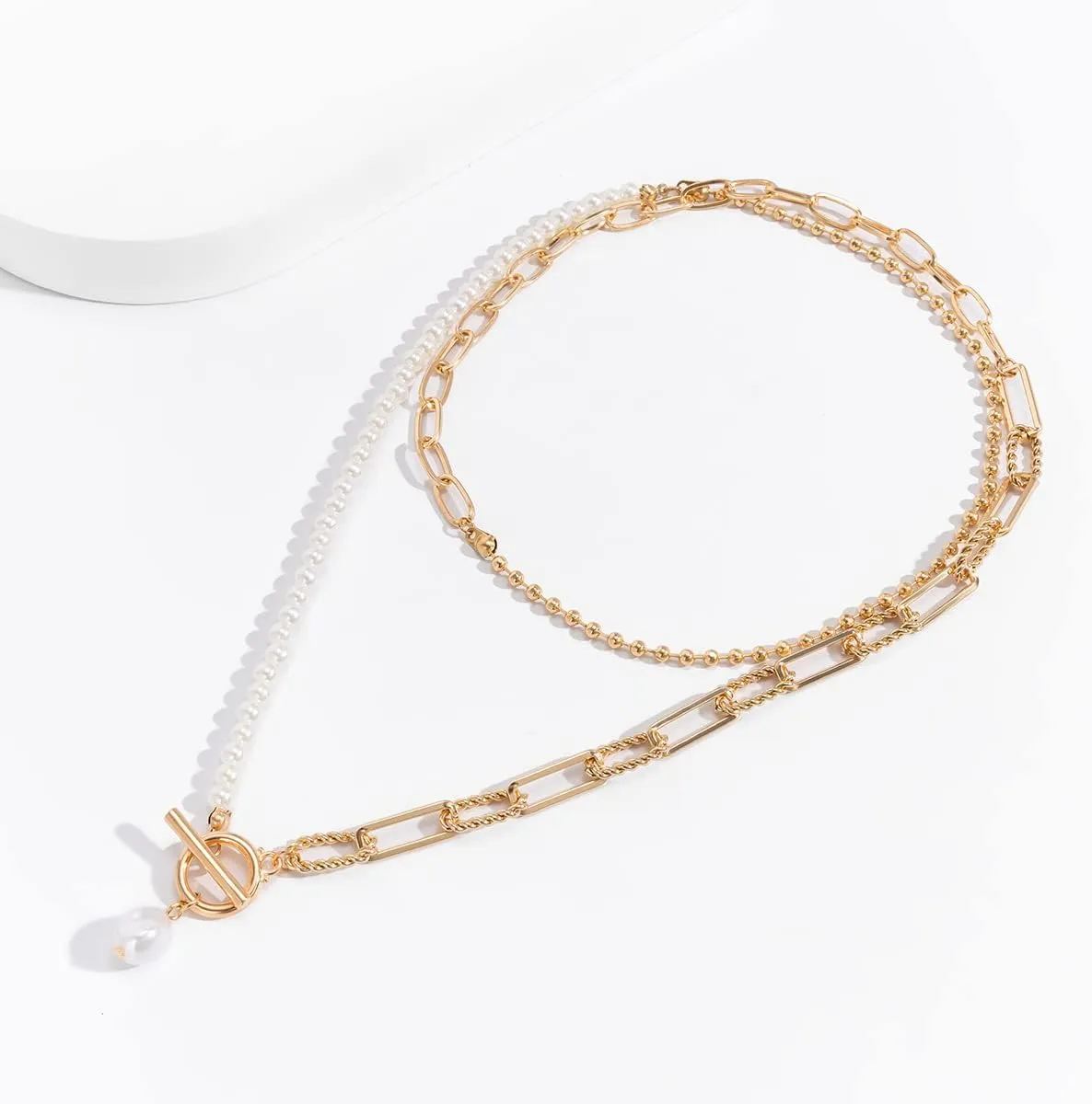 Bethynas Dainty Gold Layered Baroque Pearl OT Clasp Necklace Stacking Beaded Ball Chain Paperclip Pearl Chain Retro Necklace for Women
