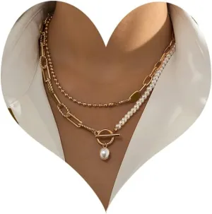 Bethynas Dainty Gold Layered Baroque Pearl OT Clasp Necklace Stacking Beaded Ball Chain Paperclip Pearl Chain Retro Necklace for Women
