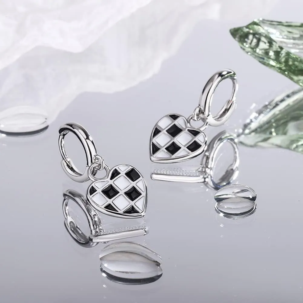 BG&WLing Black White Checkered Love Heart Huggie Hoop Earrings 925 Sterling Silver Small Huggie Hoops Hypoallergenic Dainty Jewelry for Women