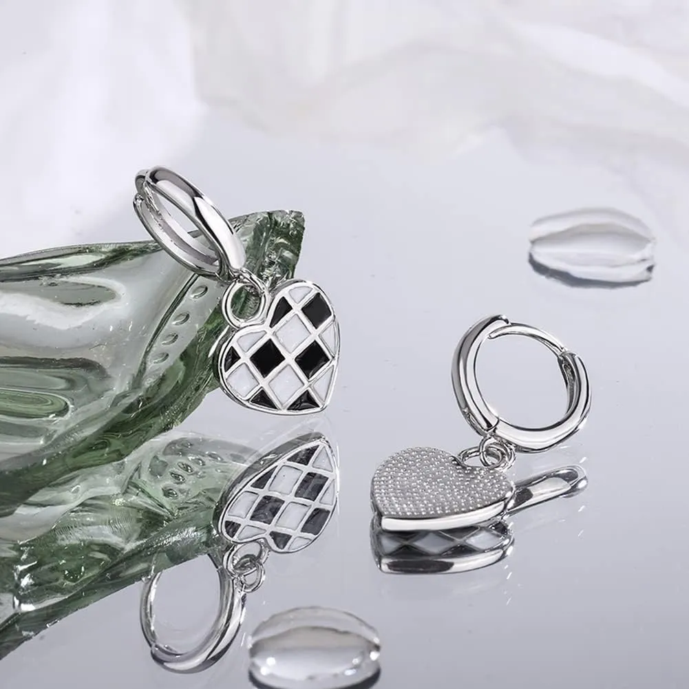 BG&WLing Black White Checkered Love Heart Huggie Hoop Earrings 925 Sterling Silver Small Huggie Hoops Hypoallergenic Dainty Jewelry for Women