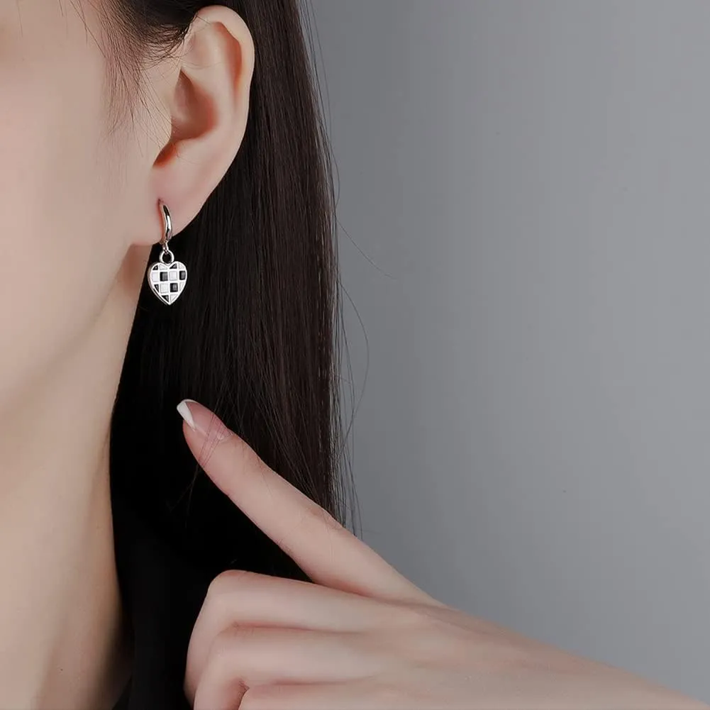 BG&WLing Black White Checkered Love Heart Huggie Hoop Earrings 925 Sterling Silver Small Huggie Hoops Hypoallergenic Dainty Jewelry for Women