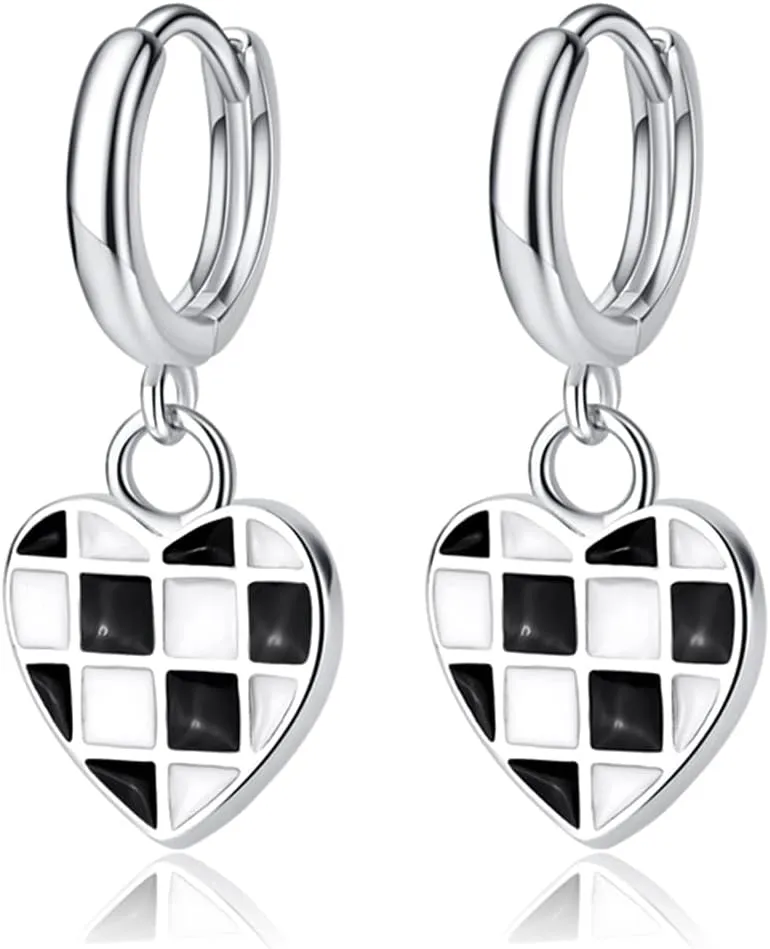 BG&WLing Black White Checkered Love Heart Huggie Hoop Earrings 925 Sterling Silver Small Huggie Hoops Hypoallergenic Dainty Jewelry for Women