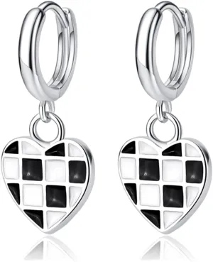 BG&WLing Black White Checkered Love Heart Huggie Hoop Earrings 925 Sterling Silver Small Huggie Hoops Hypoallergenic Dainty Jewelry for Women