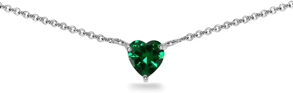 Birthstone Necklace for Women - Genuine or Synthetic Gemstone, 7mm Heart Solitaire, Short Dainty Layered Choker, Silver