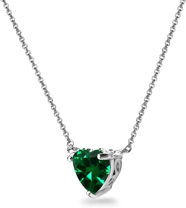 Birthstone Necklace for Women - Genuine or Synthetic Gemstone, 7mm Heart Solitaire, Short Dainty Layered Choker, Silver