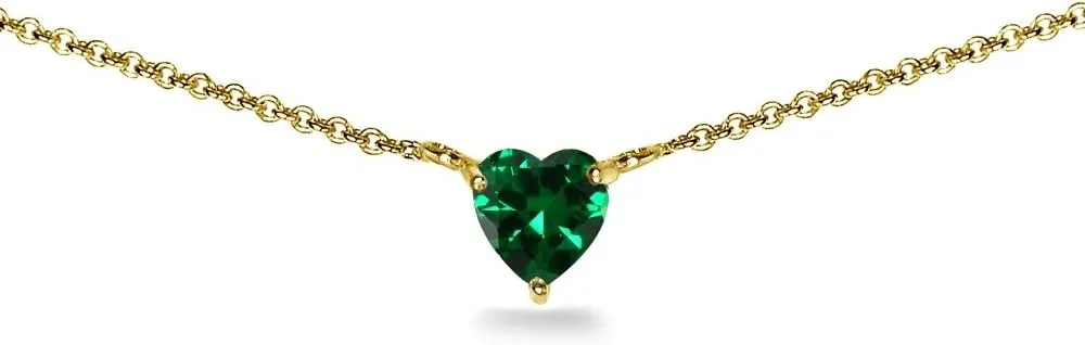 Birthstone Necklace for Women - Genuine or Synthetic Gemstone, 7mm Heart Solitaire, Short Dainty Layered Choker, Silver