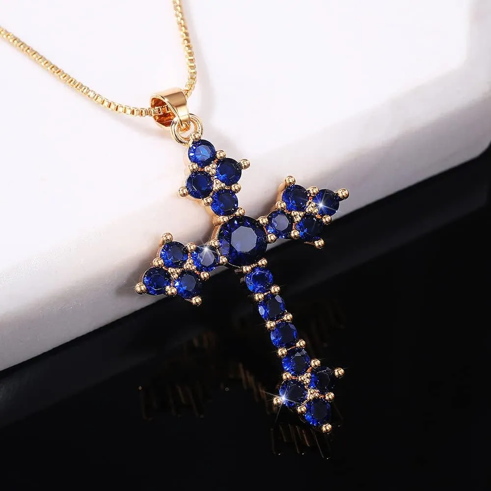 Biuhapiy 18K Gold Plated Cross Pendant Necklace for Women, Genuine Crystal Zirconia Religious Jewelry, Elegant Gift for Her(White Diamond)