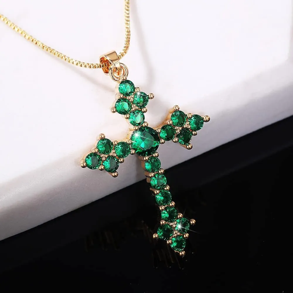 Biuhapiy 18K Gold Plated Cross Pendant Necklace for Women, Genuine Crystal Zirconia Religious Jewelry, Elegant Gift for Her(White Diamond)