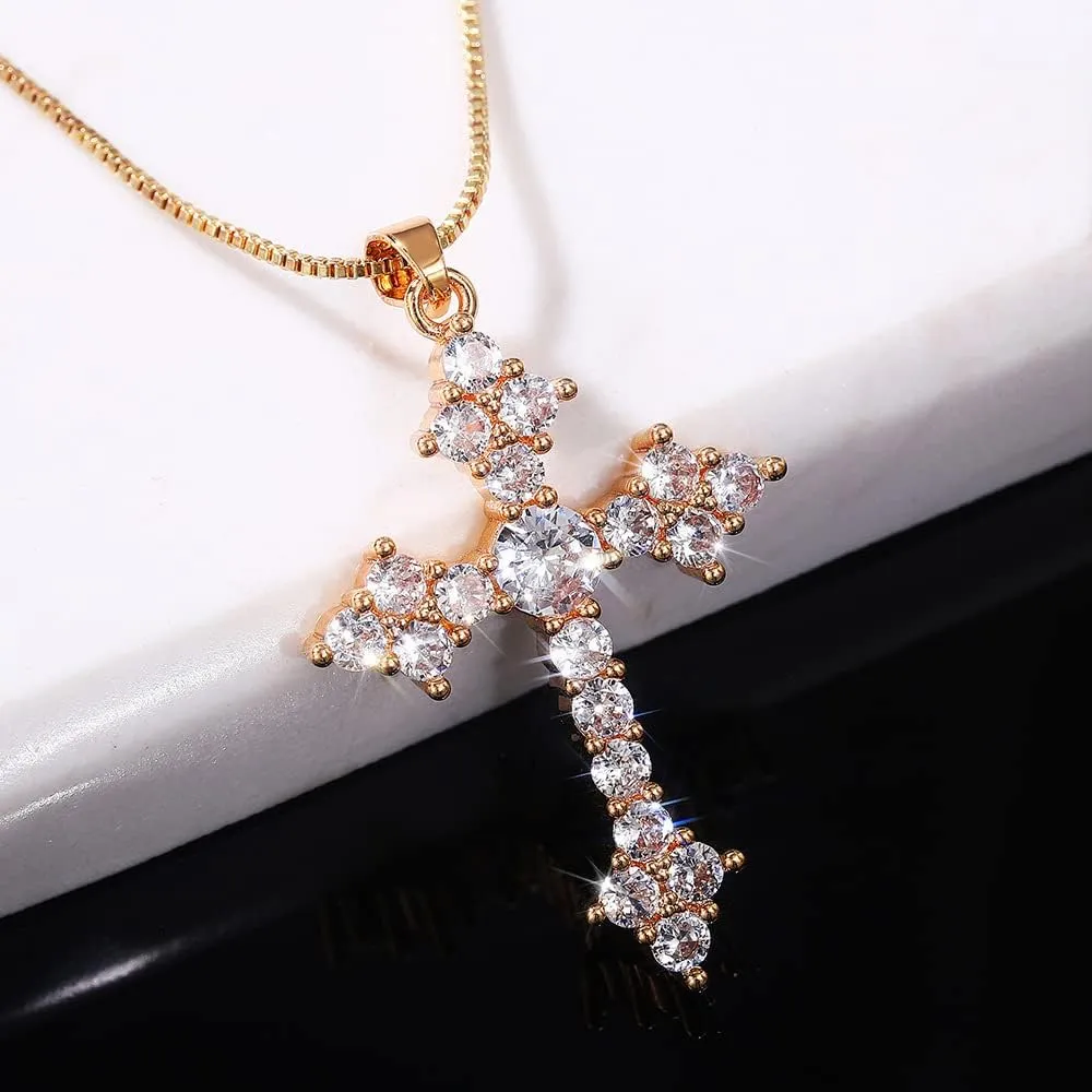 Biuhapiy 18K Gold Plated Cross Pendant Necklace for Women, Genuine Crystal Zirconia Religious Jewelry, Elegant Gift for Her(White Diamond)