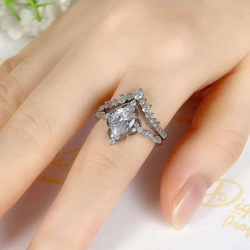 Biuhapiy Droplet Crown Couple Ring Set, Crystal-Embedded Zirconium Wedding Bands, Elegant Floral Edge Design for Him & Her 7