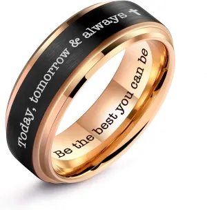 Black Satin Finish Tungsten Carbide Ring with Rose Gold Plated Stepped Edge | Custom Engraved Wedding Band for Men and Women