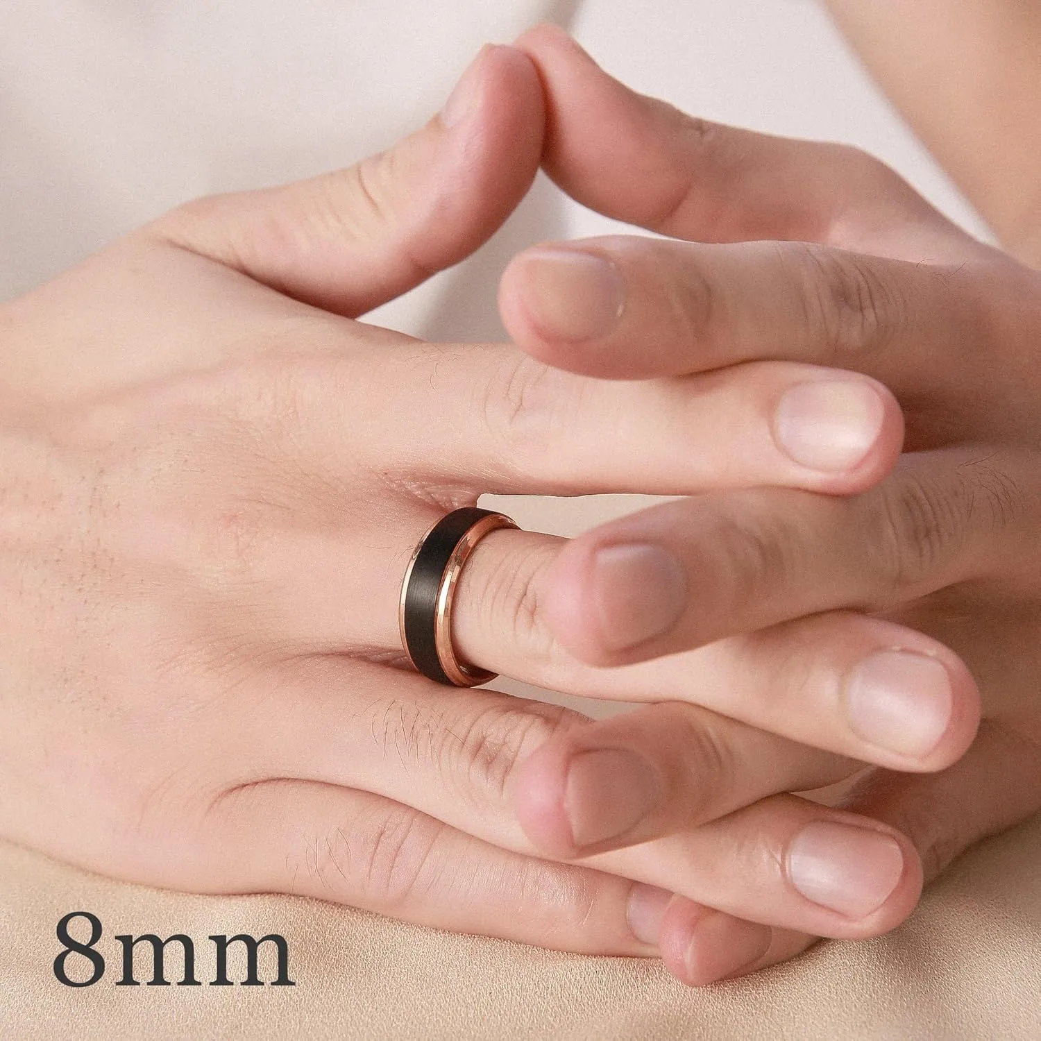 Black Satin Finish Tungsten Carbide Ring with Rose Gold Plated Stepped Edge | Custom Engraved Wedding Band for Men and Women