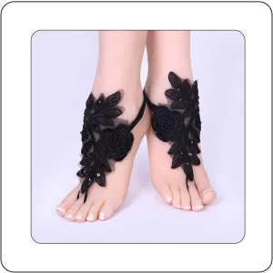 Black Sexy Lace Barefoot Sandals Bridal Accessory Lace Sexy Beach Crochet Barefoot Sandals Wedding Prom Party Anklet for Women