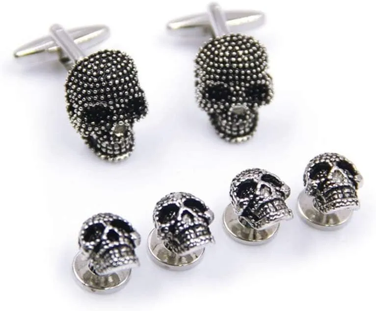 Black Skull Cufflinks and Shirt Studs Set for Men, Unique Gothic Accessories for Formal Wear and Special Occasions