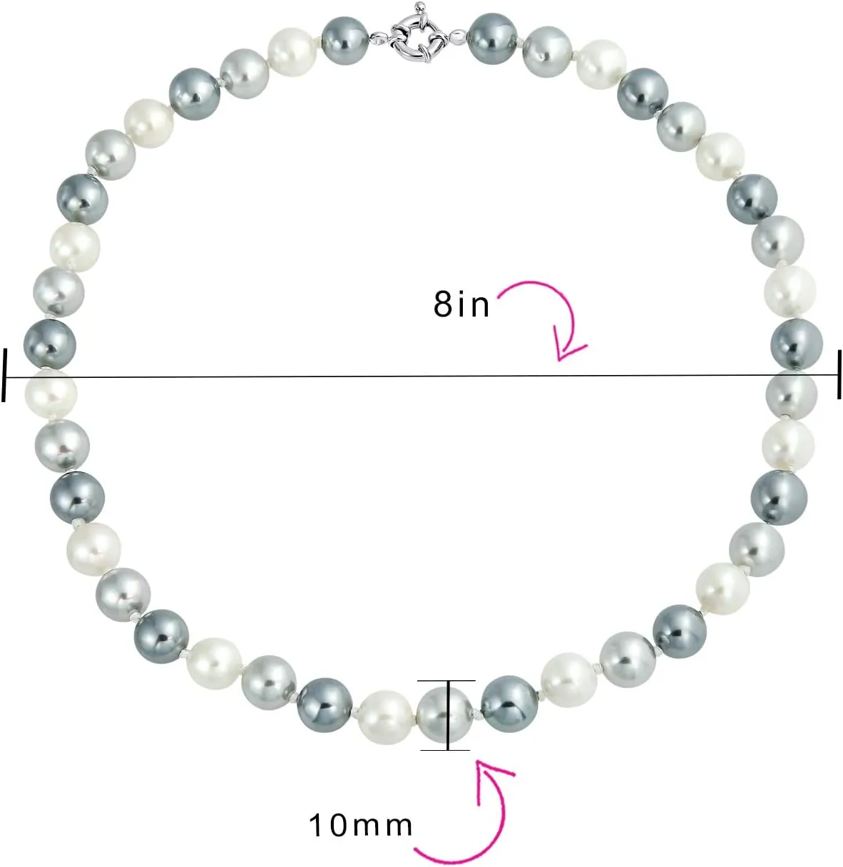 Black, White Brown Grey Blue Multi-Color Strand Long 10MM Simulated Pearl Necklace for Women 18, 20 Inch
