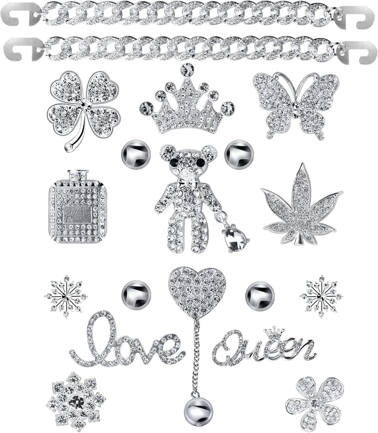Bling Chain Charms for Clog Shoes Decoration, Luxury Rhinestone Cute Diamond Bear Love Flower Butterfly Crown Designer Jewelry Shoe Accessories for Women Girls Adults Gifts (Silver)