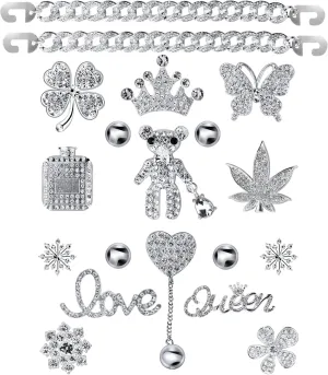 Bling Chain Charms for Clog Shoes Decoration, Luxury Rhinestone Cute Diamond Bear Love Flower Butterfly Crown Designer Jewelry Shoe Accessories for Women Girls Adults Gifts (Silver)