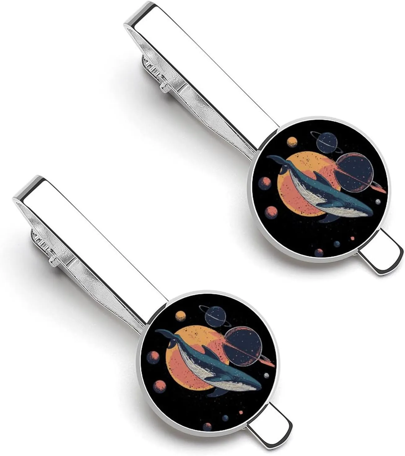 Blue Whale Spacees Planets Men's Tie Clip Tie Bar Round Tie Clasp Classic Tie Tack Pins Jewelry Accessories