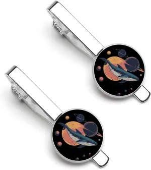 Blue Whale Spacees Planets Men's Tie Clip Tie Bar Round Tie Clasp Classic Tie Tack Pins Jewelry Accessories