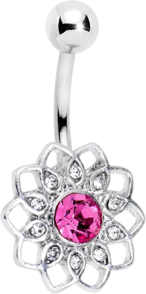 Body Candy Stainless Steel Clear Pink Accent Filigree Flower Belly Button Ring