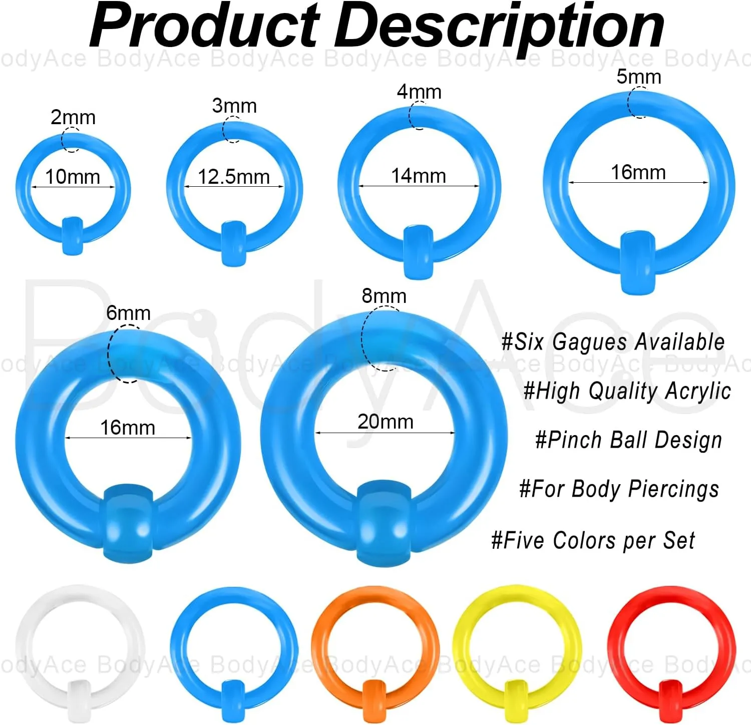 BodyAce Acrylic Segment Septum Rings, Multi Colors Circular PA Rings in 0G 2G 4G 6G 8G 12G, 5Pairs Captive Bead Ring CBR Nose Ear Piercing Body Jewelry