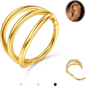 BodyBonita Triple/Double Hoop Nose Ring - G23 Titanium Septum Rings 16G/18G/20G CZ Nose Piercings Jewelry Conch Helix Daith Rook Tragus Cartilage Earring Hinged Nostril Piercing Gold/Black/Silver