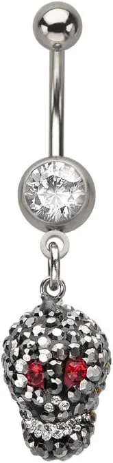 BodyJewelryOnline Dangling 14ga Navel Ring with Gem Covered Skull Charm