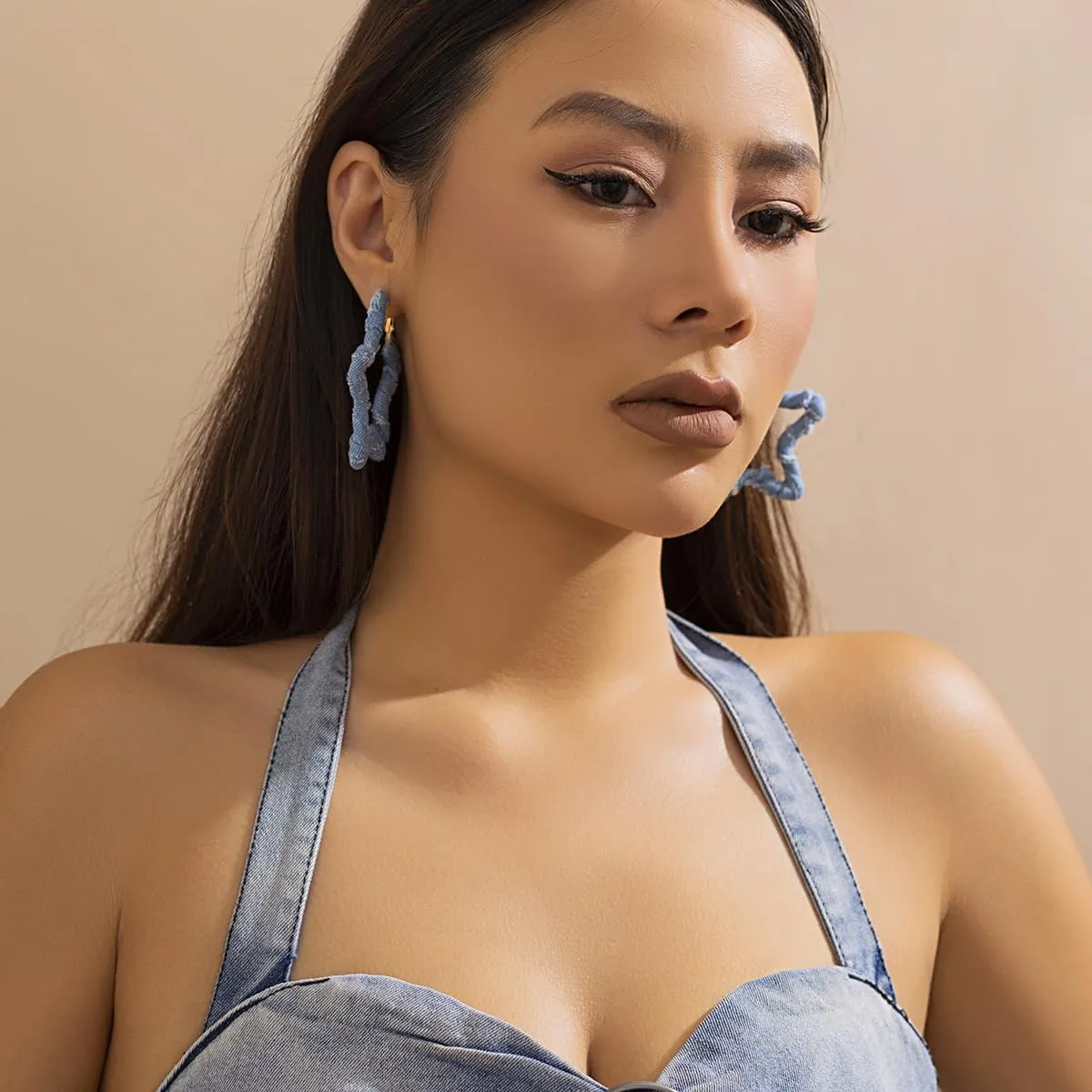 Bohemain Denim Hoop Earrings Vintage Exaggerated Geometric Large Circle Star Heart Earrings Chunky Fabric Dangle Statement Earrings for Women