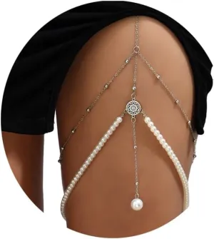 Bohemia Multi Layered Pearl Pendant Leg Chain Jewelry Summer Stretch Beaded Thigh Chain Bikini Coin Body Thigh Chain Jewelry for Women(Pearl-silver)