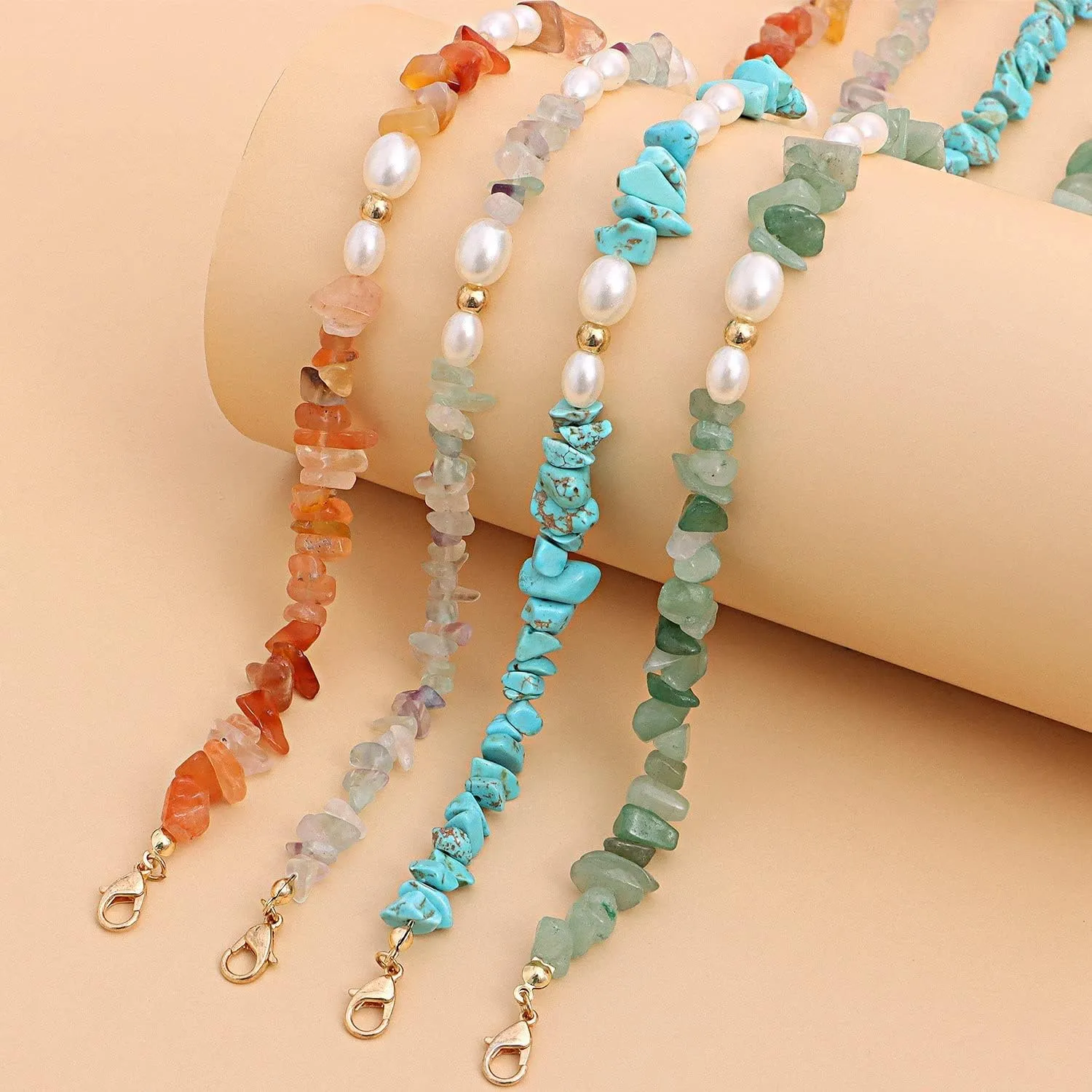 Bohemian Pearl Carnelian Crystal Necklace Green Transparent Crystal Natural Irregular Stone Choker Turquoise Beaded Necklace for Women Jewelry