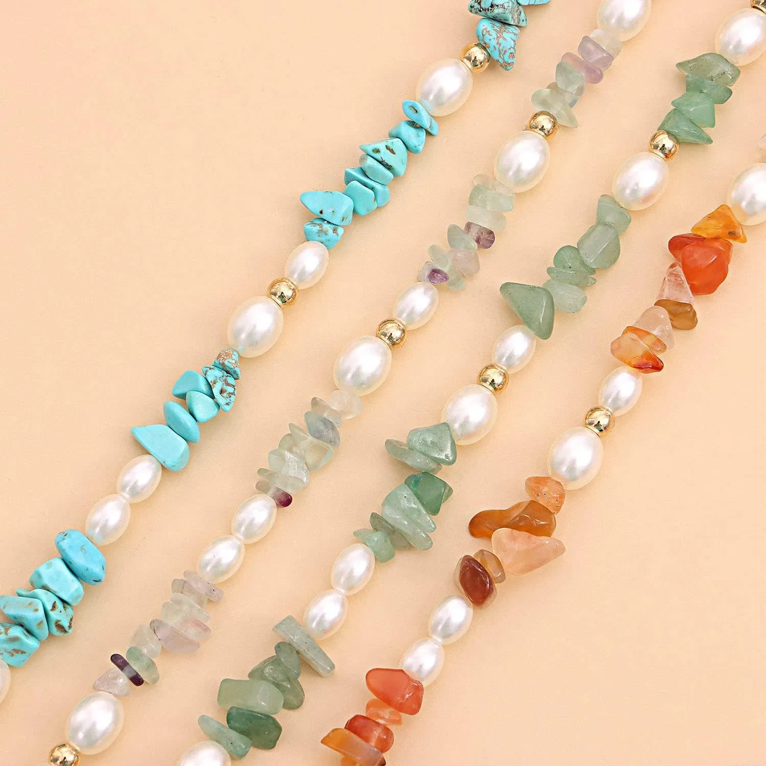 Bohemian Pearl Carnelian Crystal Necklace Green Transparent Crystal Natural Irregular Stone Choker Turquoise Beaded Necklace for Women Jewelry