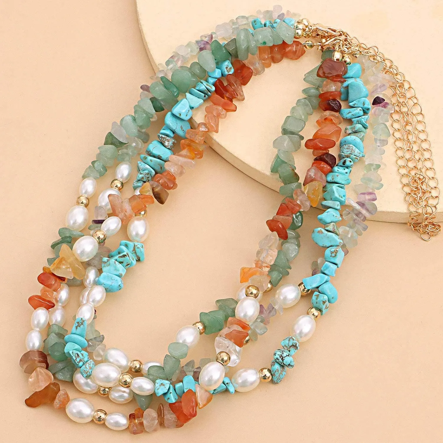 Bohemian Pearl Carnelian Crystal Necklace Green Transparent Crystal Natural Irregular Stone Choker Turquoise Beaded Necklace for Women Jewelry