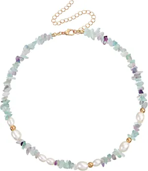Bohemian Pearl Carnelian Crystal Necklace Green Transparent Crystal Natural Irregular Stone Choker Turquoise Beaded Necklace for Women Jewelry