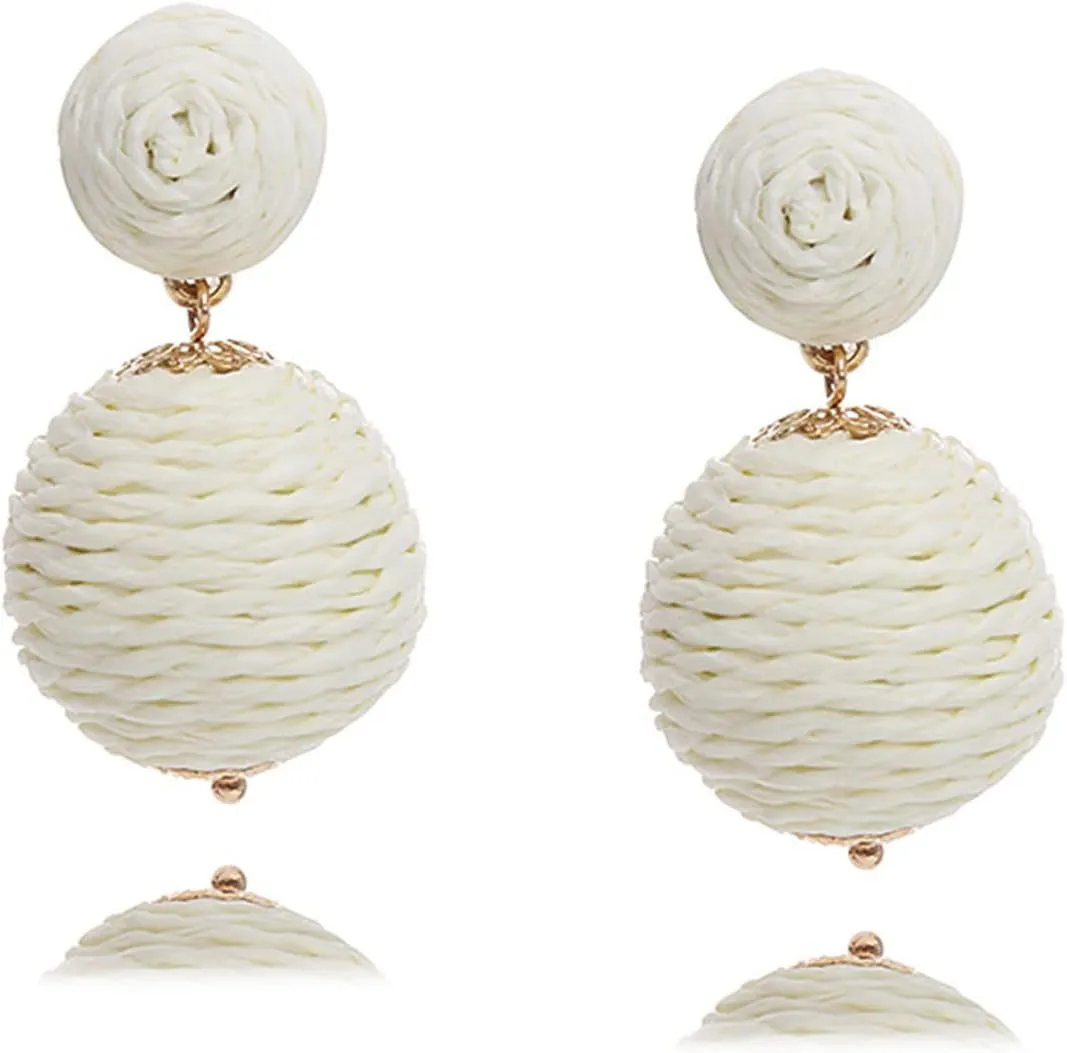 Bohemian Woven Rattan Straw Wicker Raffia Ball Drop Dangle Earring for Women Handmade Lightweight Statement Geometric Round Earring Retro Boho Summer Beach Jewelry