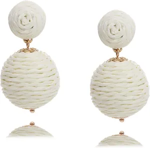 Bohemian Woven Rattan Straw Wicker Raffia Ball Drop Dangle Earring for Women Handmade Lightweight Statement Geometric Round Earring Retro Boho Summer Beach Jewelry