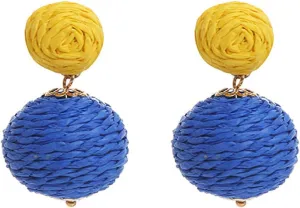 Bohemian Woven Rattan Straw Wicker Raffia Ball Drop Dangle Earring for Women Handmade Lightweight Statement Geometric Round Earring Retro Boho Summer Beach Jewelry