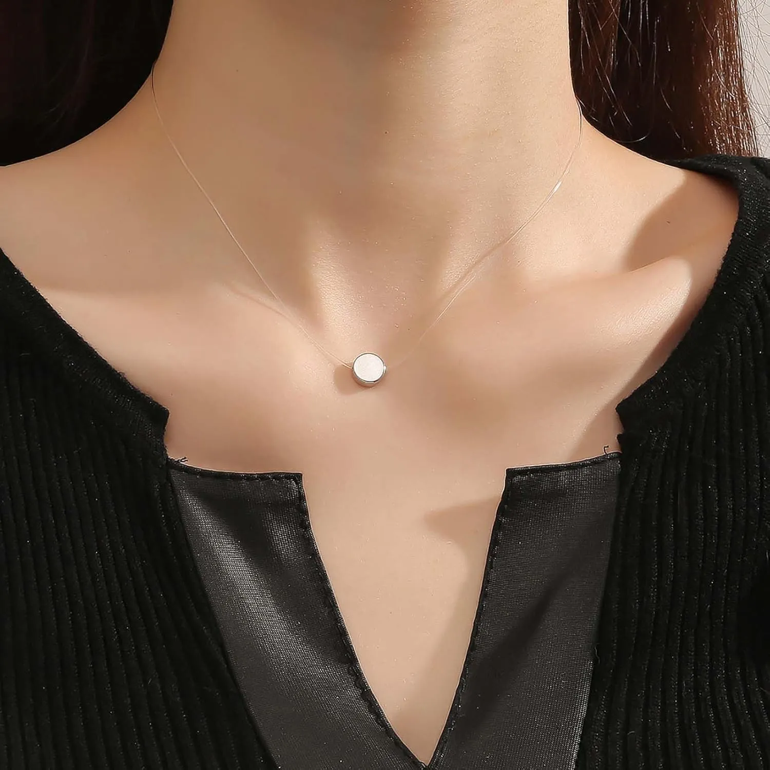 Boho Dot Tiny Necklace Choker Small Cute Disc Chain Necklace Vintage Round Coin Invisible Chain Necklace Choker Transparent Fishing Line Chain Necklace Jewelry for Women(Style A)