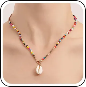 Boho Layered seed Bead Necklace Rainbow Beaded Choker Necklace Beach Shell Pendant Necklace sea shell necklace colorful rice bead necklace Jewelry for Women