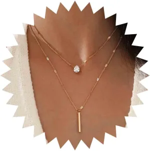 Boho Layered Shining Rhinestone Necklace Choker Gold Crystal Bar Pendant Necklace Multi Layered Vintage Necklace Chain Jewelry for Women
