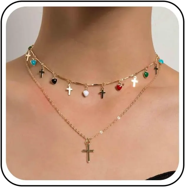 Boho Layerer Cross Choker Necklace Rainbow Gemstone Dangle Necklace Gold Cross Pendant Necklace Love Heart Necklace Chain Jewelry for Women