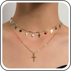 Boho Layerer Cross Choker Necklace Rainbow Gemstone Dangle Necklace Gold Cross Pendant Necklace Love Heart Necklace Chain Jewelry for Women