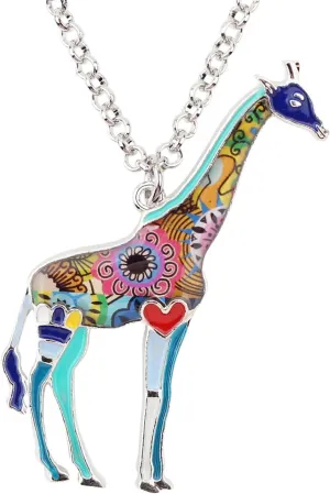 BONSNY Enamel Chain Heart Giraffe Necklace Pendant For Women Girls Charm Gifts Colorful Jewelry