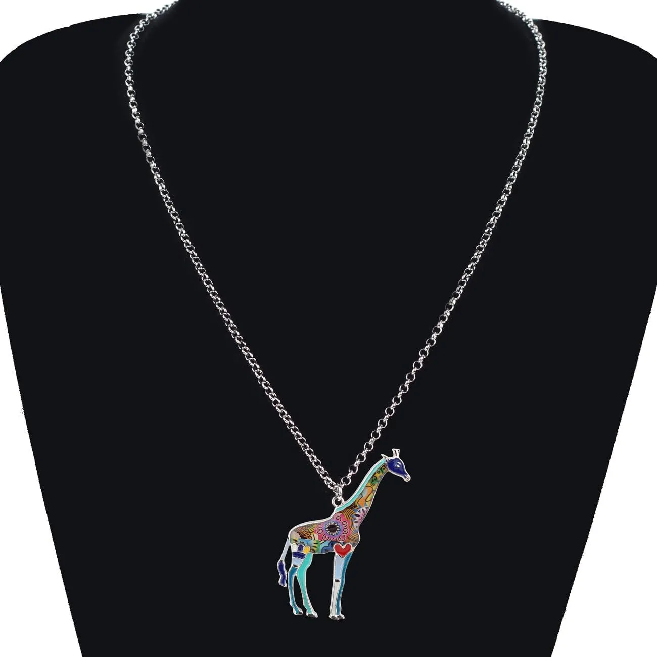 BONSNY Enamel Chain Heart Giraffe Necklace Pendant For Women Girls Charm Gifts Colorful Jewelry