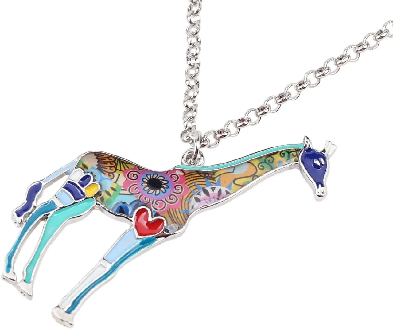 BONSNY Enamel Chain Heart Giraffe Necklace Pendant For Women Girls Charm Gifts Colorful Jewelry