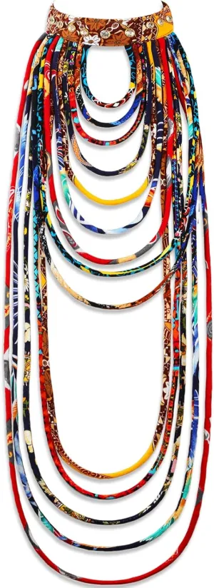 Bonuci African Kente Necklace - Handmade Multicolor Print Long Multi Strand African Jewelry for Women - Ankara Fabric Necklace for Ladies Accessories