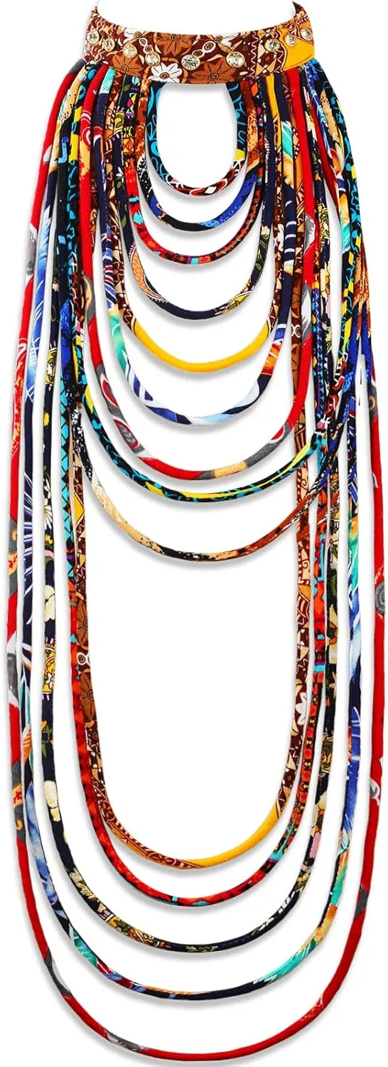 Bonuci African Kente Necklace - Handmade Multicolor Print Long Multi Strand African Jewelry for Women - Ankara Fabric Necklace for Ladies Accessories