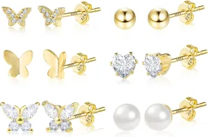 BOUTIQUELOVIN 14K Gold Stud Earrings Set for Women, for Multiple Piercing 925 Silver Plated Studs Earrings and Zirconia Earring Set Small Huggie Hoop Chain Earing