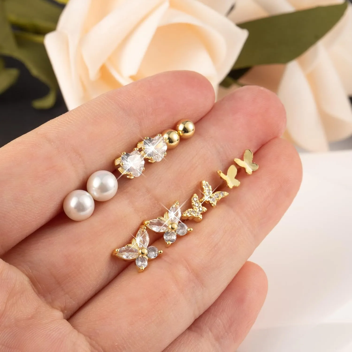 BOUTIQUELOVIN 14K Gold Stud Earrings Set for Women, for Multiple Piercing 925 Silver Plated Studs Earrings and Zirconia Earring Set Small Huggie Hoop Chain Earing