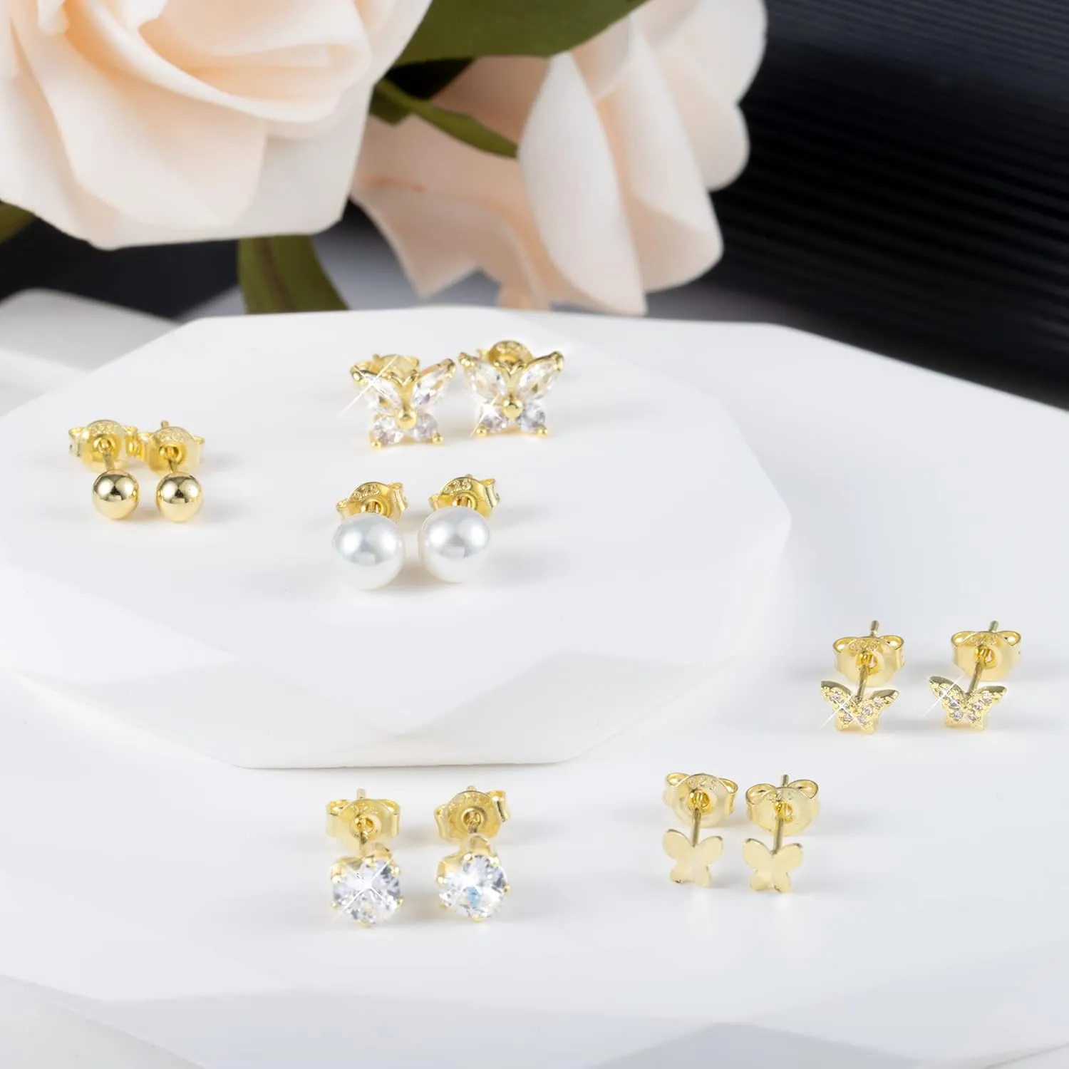 BOUTIQUELOVIN 14K Gold Stud Earrings Set for Women, for Multiple Piercing 925 Silver Plated Studs Earrings and Zirconia Earring Set Small Huggie Hoop Chain Earing